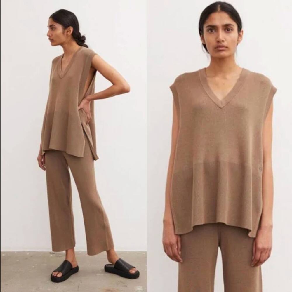 By Malene Birger Sleeveless V-Neck Knit Top in Light Brown